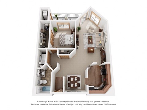 a stylized floor plan of a 1 bedroom apartment
